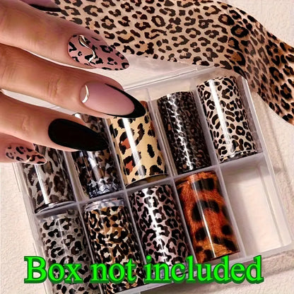 GV758 10PCS Leopard & Snake Print Nail Art Foil Stickers – Self-Adhesive Shimmering Transfer Sheets, No Heat or Lamp Needed