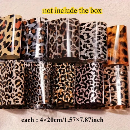 GV758 10PCS Leopard & Snake Print Nail Art Foil Stickers – Self-Adhesive Shimmering Transfer Sheets, No Heat or Lamp Needed