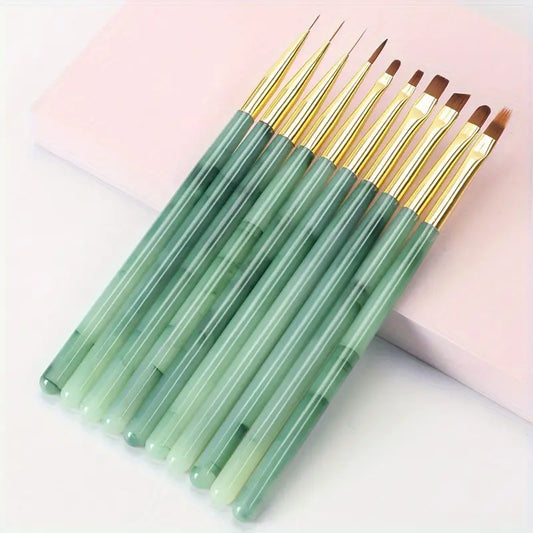 GV733 10-Piece Nail Art Pen Set – Acrylic Green Painted Line Brushes for Fine Nail Art Design