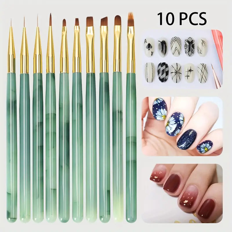 GV733 10-Piece Nail Art Pen Set – Acrylic Green Painted Line Brushes for Fine Nail Art Design