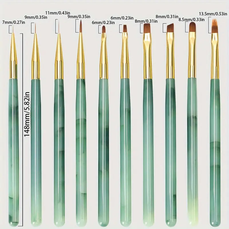 GV733 10-Piece Nail Art Pen Set – Acrylic Green Painted Line Brushes for Fine Nail Art Design