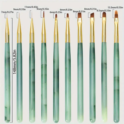 GV733 10-Piece Nail Art Pen Set – Acrylic Green Painted Line Brushes for Fine Nail Art Design