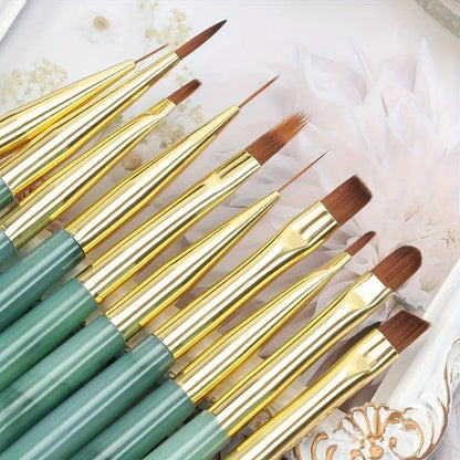 GV733 10-Piece Nail Art Pen Set – Acrylic Green Painted Line Brushes for Fine Nail Art Design