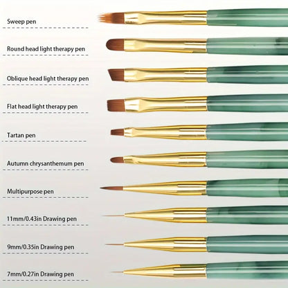GV733 10-Piece Nail Art Pen Set – Acrylic Green Painted Line Brushes for Fine Nail Art Design