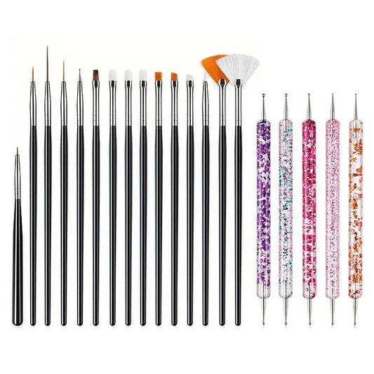 GV748 20pcs Professional Nail Art Brush Set – Acrylic & Gel Polish Design Tools with Flat, Fan, Liner, and Dotting Tips for Manicure