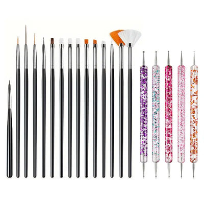 GV748 20pcs Professional Nail Art Brush Set – Acrylic & Gel Polish Design Tools with Flat, Fan, Liner, and Dotting Tips for Manicure