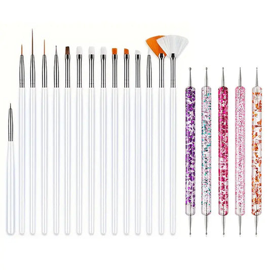 GV748 20pcs Professional Nail Art Brush Set – Acrylic & Gel Polish Design Tools with Flat, Fan, Liner, and Dotting Tips for Manicure