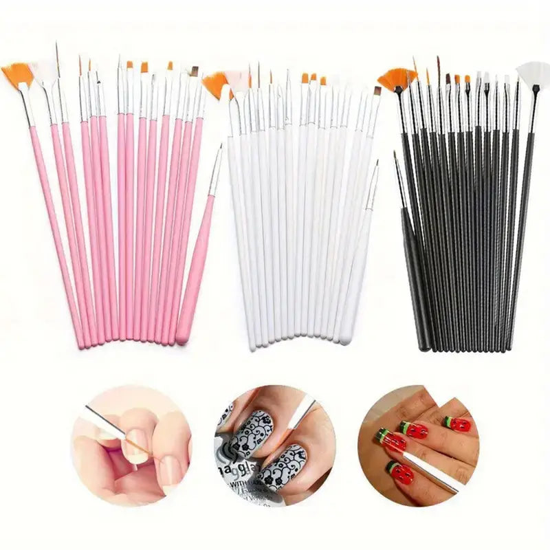 GV748 20pcs Professional Nail Art Brush Set – Acrylic & Gel Polish Design Tools with Flat, Fan, Liner, and Dotting Tips for Manicure