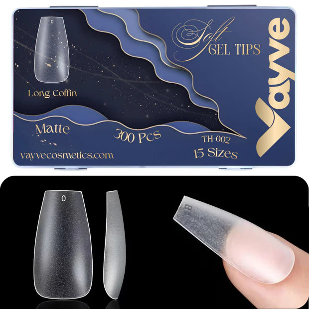 GV949 Vayve Soft Gel Nail Tips Matte Short Coffin 15 Sizes for Nail Extension Clear (Pack of 300)