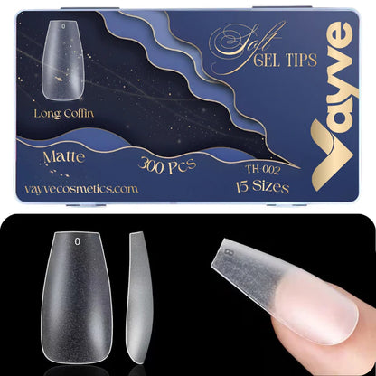 GV949 Vayve Soft Gel Nail Tips Matte Short Coffin 15 Sizes for Nail Extension Clear (Pack of 300)