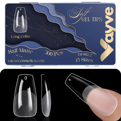 GV949 Vayve Soft Gel Nail Tips Matte Short Coffin 15 Sizes for Nail Extension Clear (Pack of 300)