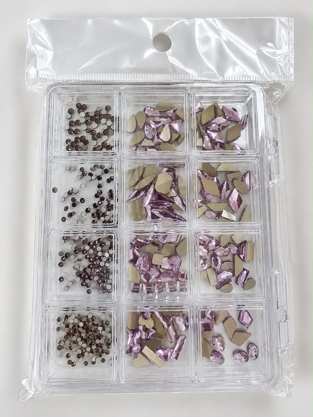 GV1144 Blush Pink & Smoky Mauve Crystal Nail Art Set – Multi-Shape Glass Gem Collection with Storage Grid