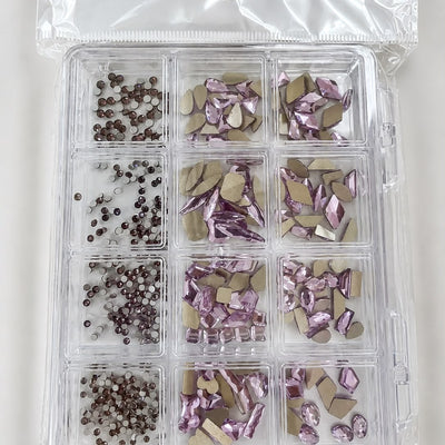 GV1144 Blush Pink & Smoky Mauve Crystal Nail Art Set – Multi-Shape Glass Gem Collection with Storage Grid