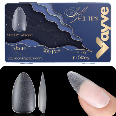 GV949 Vayve Soft Gel Nail Tips Matte Short Coffin 15 Sizes for Nail Extension Clear (Pack of 300)