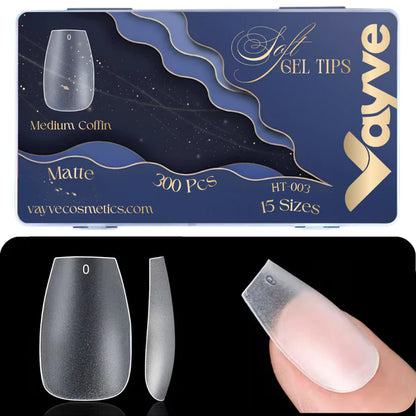 GV949 Vayve Soft Gel Nail Tips Matte Short Coffin 15 Sizes for Nail Extension Clear (Pack of 300)