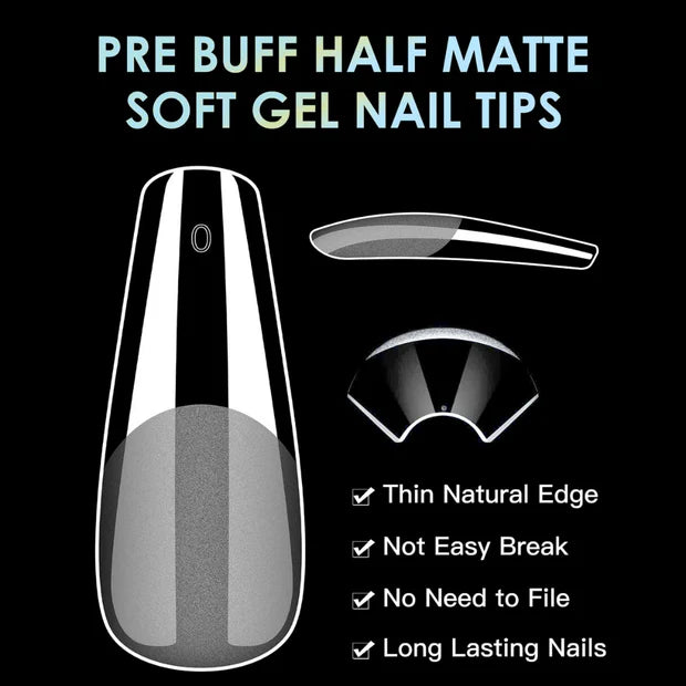 GV974 Vayve Soft Gel Nail Tips – Half Matte Pre Buff & Full Clear, 120 Pcs (12 Sizes)