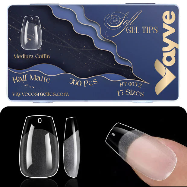 GV949 Vayve Soft Gel Nail Tips Matte Short Coffin 15 Sizes for Nail Extension Clear (Pack of 300)