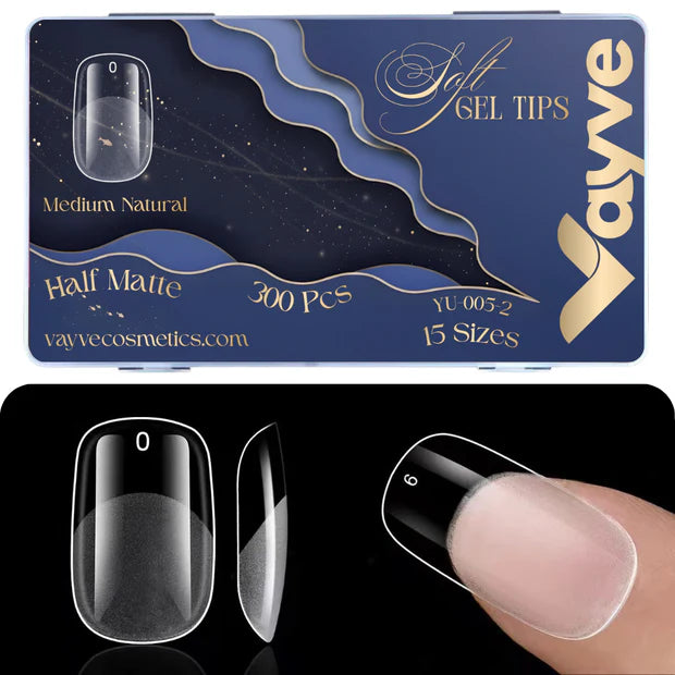 GV949 Vayve Soft Gel Nail Tips Matte Short Coffin 15 Sizes for Nail Extension Clear (Pack of 300)