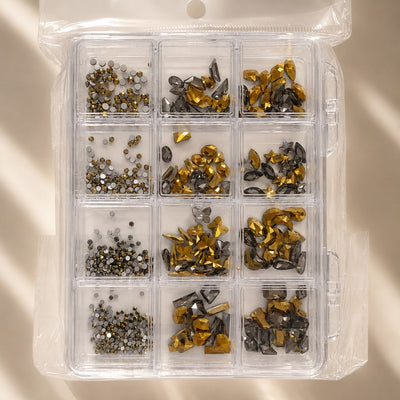GV1145 Smoky Hematite & Metallic Gold Crystal Nail Art Kit – Multi-Shape Glass Gem Collection with Storage Case