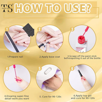 GV1089 THR3E STROKES Gold Mirror Liner Gel 10ml – Metallic Chrome Nail Art Painting Gel with Fine Brush for UV/LED Gel Nail Designs