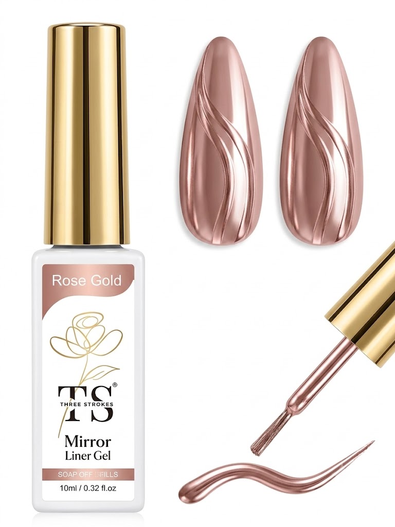 GV1090 THR3E STROKES Rose Gold Mirror Liner Gel 10ml – Metallic Chrome Nail Art Painting Gel with Fine Brush for UV/LED Gel Nail Designs