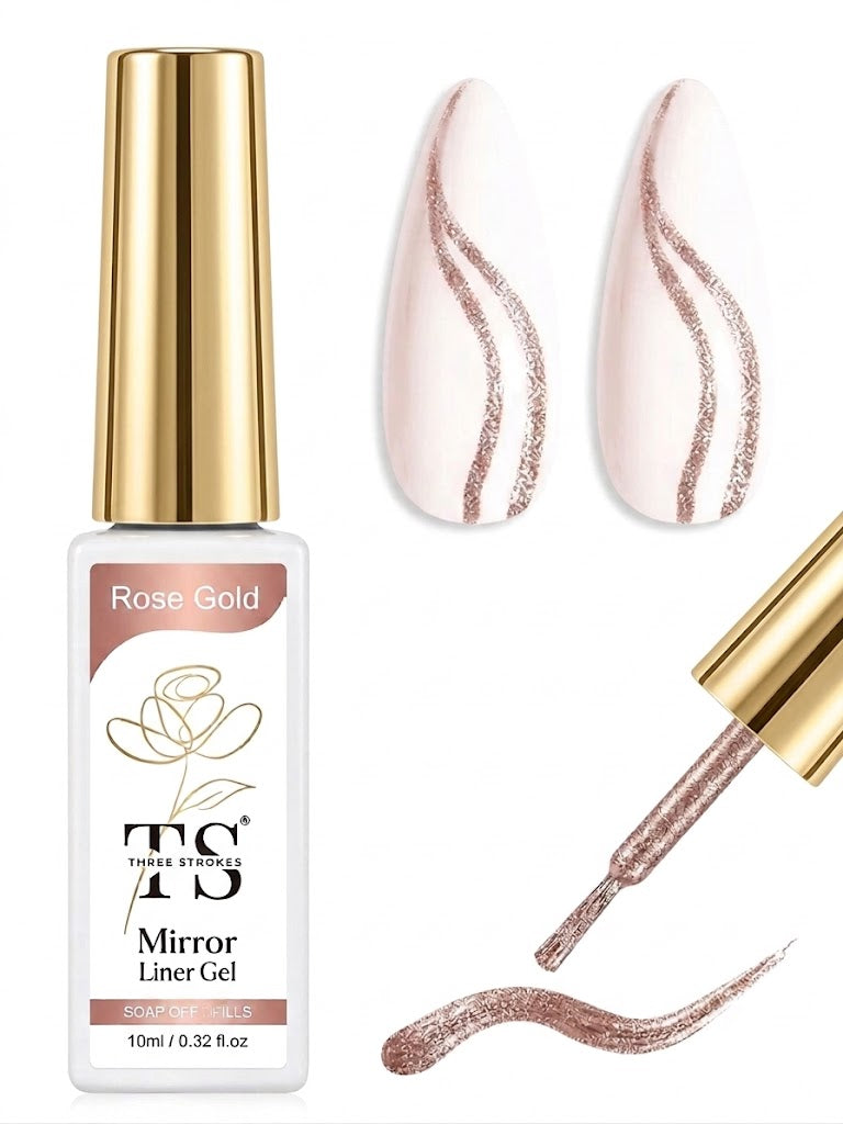 GV1090 THR3E STROKES Rose Gold Mirror Liner Gel 10ml – Metallic Chrome Nail Art Painting Gel with Fine Brush for UV/LED Gel Nail Designs
