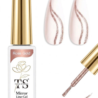 GV1090 THR3E STROKES Rose Gold Mirror Liner Gel 10ml – Metallic Chrome Nail Art Painting Gel with Fine Brush for UV/LED Gel Nail Designs