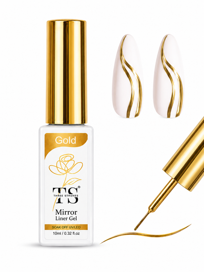 GV1089 THR3E STROKES Gold Mirror Liner Gel 10ml – Metallic Chrome Nail Art Painting Gel with Fine Brush for UV/LED Gel Nail Designs