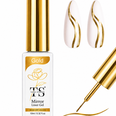 GV1089 THR3E STROKES Gold Mirror Liner Gel 10ml – Metallic Chrome Nail Art Painting Gel with Fine Brush for UV/LED Gel Nail Designs