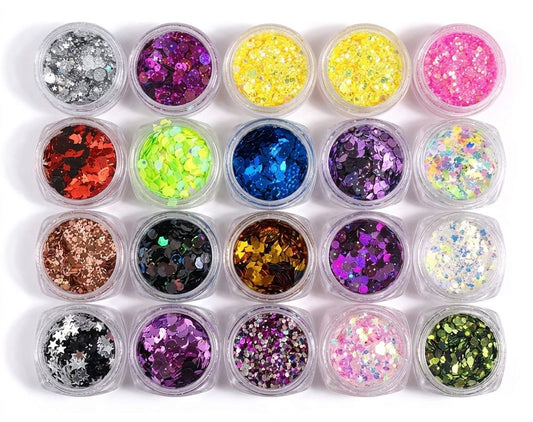 GV1096 Mixed Glitter Nail Art Sequins Set – Holographic Chunky Glitter Flakes for Acrylic, Gel, Resin & DIY Nail Decorations (20 Pots Assorted Colors)