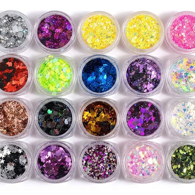 GV1096 Mixed Glitter Nail Art Sequins Set – Holographic Chunky Glitter Flakes for Acrylic, Gel, Resin & DIY Nail Decorations (20 Pots Assorted Colors)