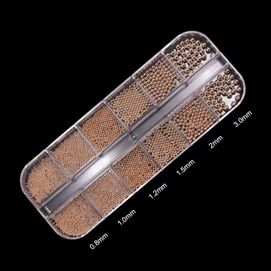 GV662 Nail Art Gold Metal Beads Set – 6 Sizes (0.8mm–3mm) Ball Studs for Manicure