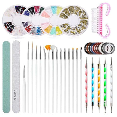 GV1074 Professional Nail Art Kit - 4 Types of Rhinestones, 15-Piece Brush Set, Buffer, Files, 5 Dotting Tools, 10 Colorful Nail Strips
