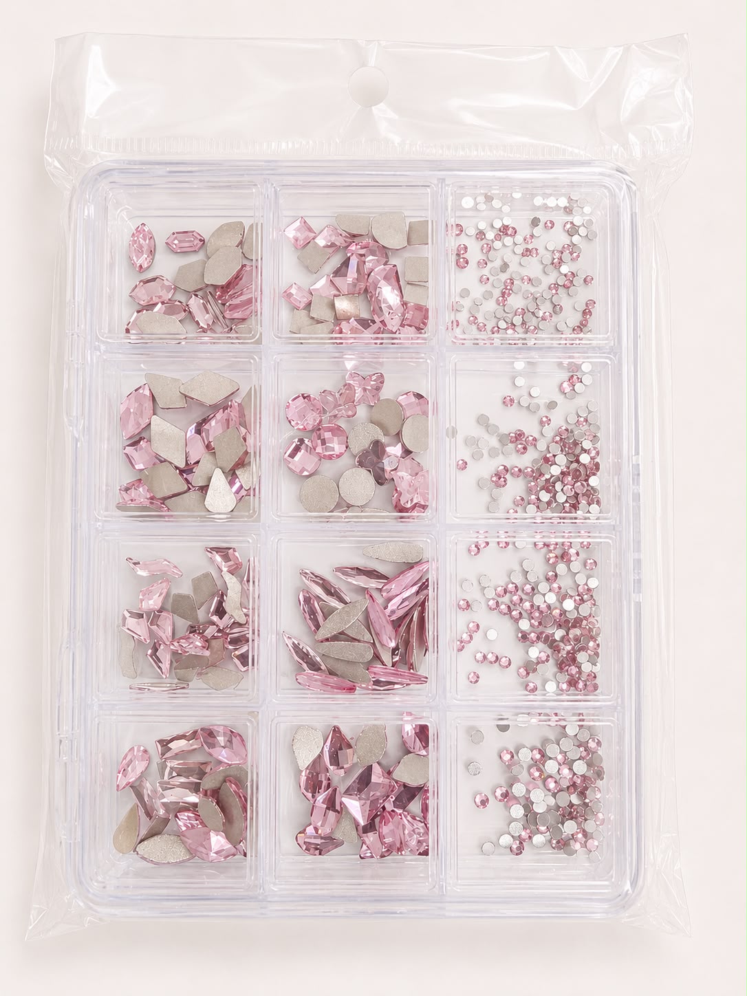 GV1153 Baby Pink Assorted Nail Art Rhinestones & Crystal Charms – 12-Compartment Set
