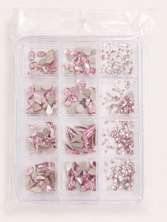 GV1153 Baby Pink Assorted Nail Art Rhinestones & Crystal Charms – 12-Compartment Set