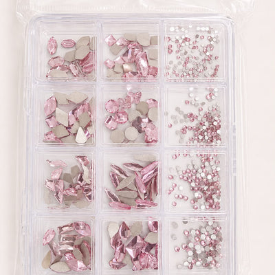 GV1155 Baby Pink Assorted Nail Art Rhinestones & Crystal Charms – 12-Compartment Set