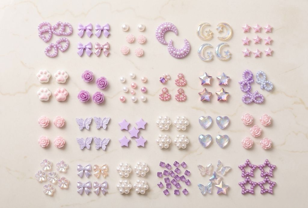 GV1099 THR3E STROKES 3D Nail Art Charms Set – Mixed Pearl Hearts, Bows, Butterflies, Roses, Stars & Moon Nail Decorations for Acrylic, Gel & DIY Nail Art