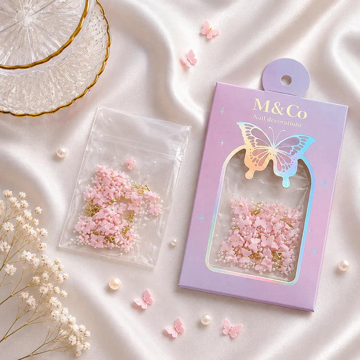GV1109 M&Co 3D Pink Butterfly Nail Art Decorations Set – Mixed Sizes, Caviar Pearls, and Gold Accents
