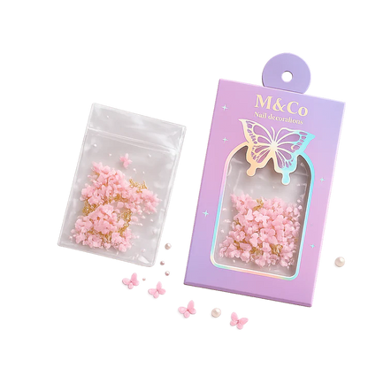GV1109 M&Co 3D Pink Butterfly Nail Art Decorations Set – Mixed Sizes, Caviar Pearls, and Gold Accents