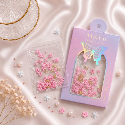 GV1112 M&Co 3D Pink Floral Nail Art Decorations Set – Five-Petal Flowers, Caviar Pearls, and Gold Bows