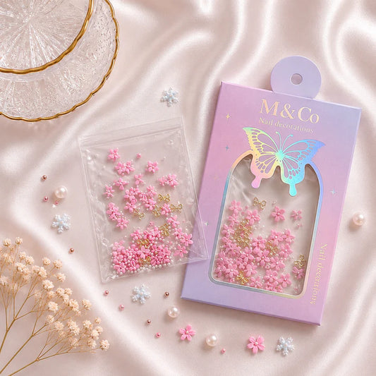 GV1112 M&Co 3D Pink Floral Nail Art Decorations Set – Five-Petal Flowers, Caviar Pearls, and Gold Bows