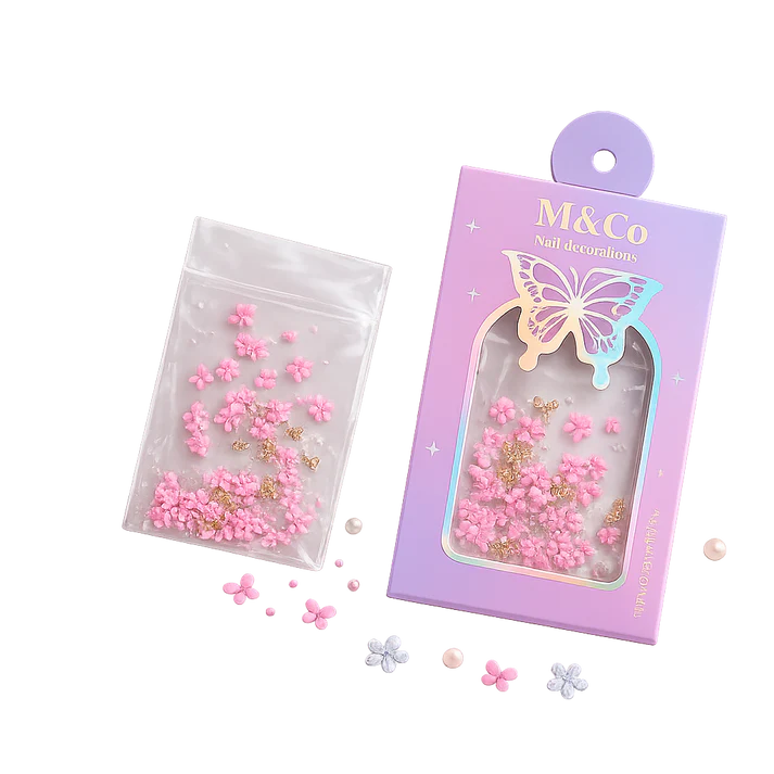 GV1112 M&Co 3D Pink Floral Nail Art Decorations Set – Five-Petal Flowers, Caviar Pearls, and Gold Bows