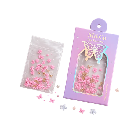 GV1112 M&Co 3D Pink Floral Nail Art Decorations Set – Five-Petal Flowers, Caviar Pearls, and Gold Bows