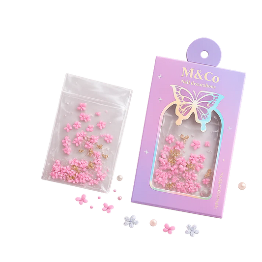 GV1112 M&Co 3D Pink Floral Nail Art Decorations Set – Five-Petal Flowers, Caviar Pearls, and Gold Bows