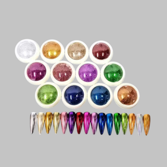 GV690 Mirror Chrome Nail Powder Set – 12 Colors Metallic Holographic Multicolor Nail Pigment