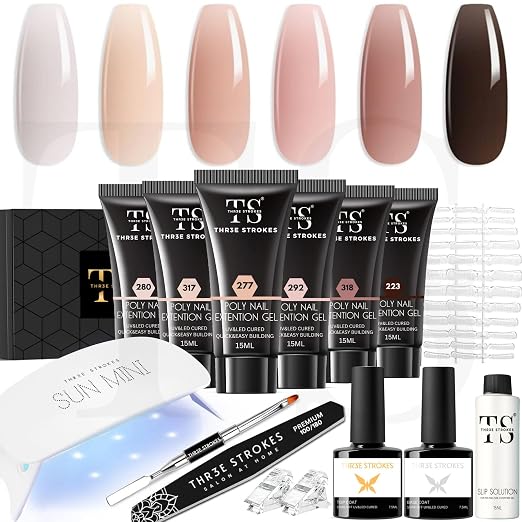 GV1149 THR3E STROKES Poly Gel Nail Kit 6 Colors with 6W Nail Lamp Extension Gel Kit Nude Clear Pink Black Glitter Complete Starter Tools for Beginner Thickening Solutions DIY at Home for Women(MINIMUM 180S TO DRY)(BEGGINERS KIT) (1)