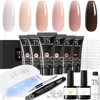 GV1149 THR3E STROKES Poly Gel Nail Kit 6 Colors with 6W Nail Lamp Extension Gel Kit Nude Clear Pink Black Glitter Complete Starter Tools for Beginner Thickening Solutions DIY at Home for Women(MINIMUM 180S TO DRY)(BEGGINERS KIT) (1)