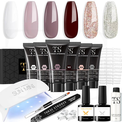 GV1160 THR3E STROKES Poly Gel Nail Kit 6 Colors with 6W Nail Lamp Extension Gel Kit Nude Clear Pink Black Glitter Complete Starter Tools for Beginner Thickening Solutions DIY at Home for Women(Minimum 180S to Dry)(BEGGINERS KIT) (5)