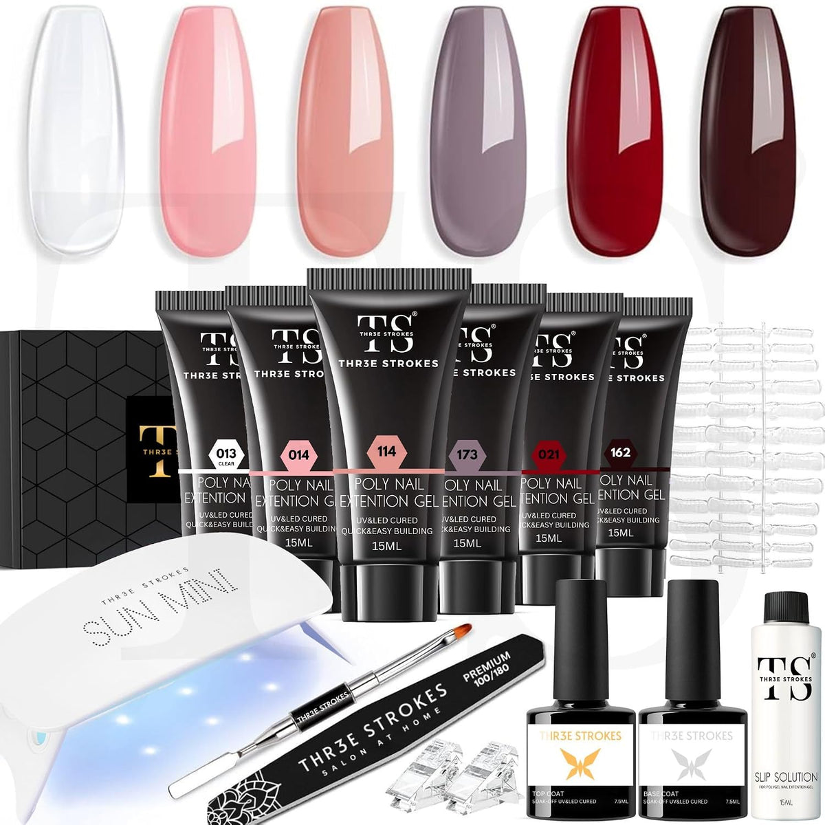 GV1159 THR3E STROKES Poly Gel Nail Kit 6 Colors with 6W Nail Lamp Extension Gel Kit Nude Clear Pink Black Glitter Complete Starter Tools for Beginner Thickening Solutions DIY at Home for Women(MINIMUM 180S TO DRY)(BEGGINERS KIT) (6)