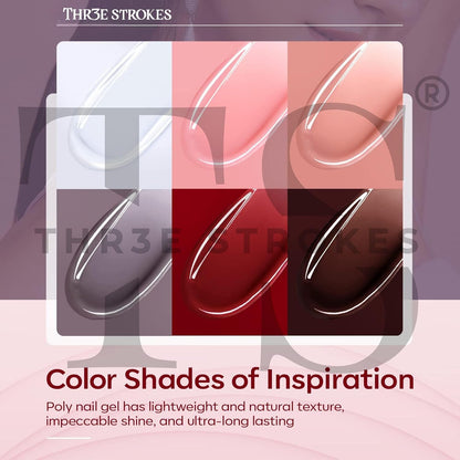GV1159 THR3E STROKES Poly Gel Nail Kit 6 Colors with 6W Nail Lamp Extension Gel Kit Nude Clear Pink Black Glitter Complete Starter Tools for Beginner Thickening Solutions DIY at Home for Women(MINIMUM 180S TO DRY)(BEGGINERS KIT) (6)
